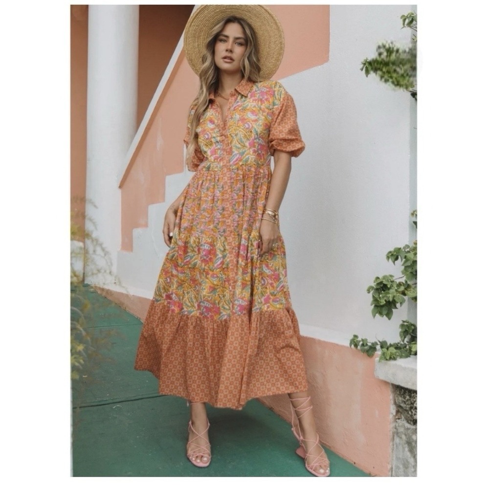 Lovestitch Patchwork‎ Cotton Floral Tiered Maxi Shirt Dress Boho Chic Small S